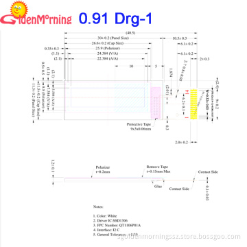 0.91" OLED display , 128 x 32 px resolution, blue characters in black background, 15-pin